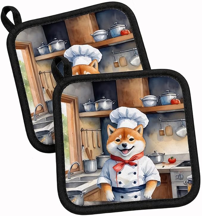 Caroline's Treasures Shiba Inu The Chef Pair of Pot Holders Kitchen Heat Resistant Pot Holders Sets Oven Hot Pads for Cooking Baking BBQ, 7 1/2 x 7 1/2