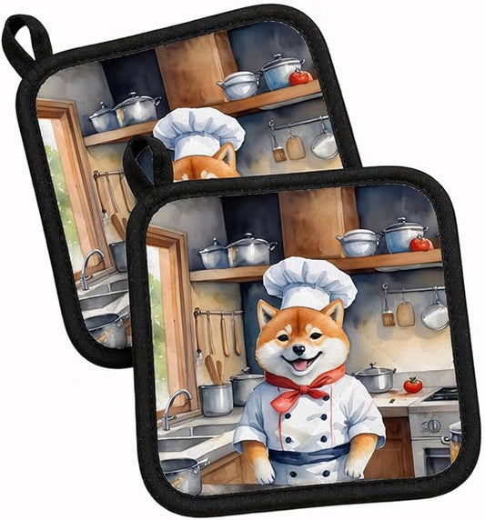Caroline's Treasures Shiba Inu The Chef Pair of Pot Holders Kitchen Heat Resistant Pot Holders Sets Oven Hot Pads for Cooking Baking BBQ, 7 1/2 x 7 1/2