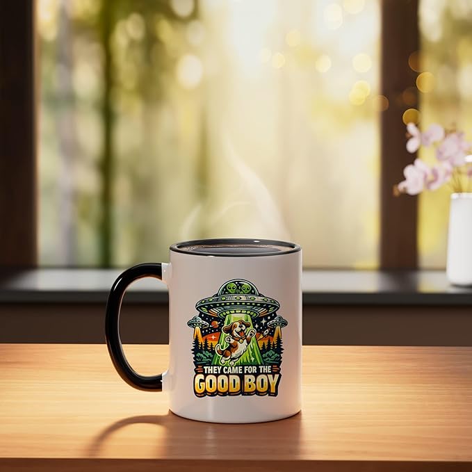 Retro sci-fi dog ufo humor they came for the good boy Ceramic Mug, Black/White