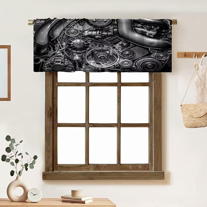 Engine Valance Curtain Car Engine Industrial Man Cave Rod Pocket Valance Window Treatments Short Curtains for Kitchen Farmhouse Living Room Bathroom Bedroom Decor 54x18inch