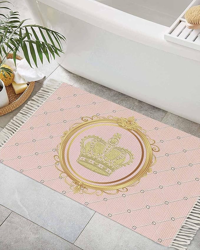 Kitchen Runner Rugs, Golden Crown Queen Pink Lattice 2'x3' Throw Rug with Tassels, White Dot Washable Soft Floor Carpet Runner for Hallway Bedroom Bathroom Laundry Room