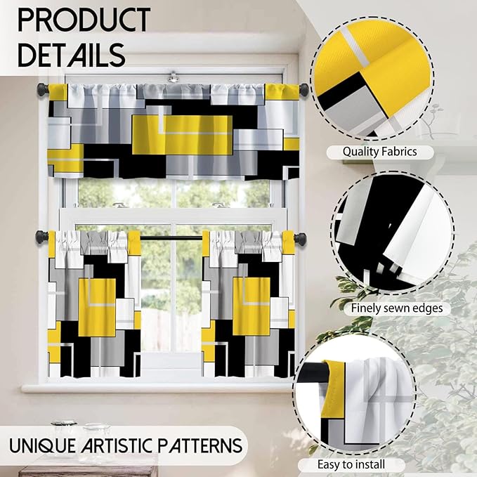 MCALK Yellow Blackout Kitchen Curtains Tiers and Valances Set 3 Piece for Windows Gold Geometric Modern Art Kitchen Window Curtains Set,Grey and Black Valances for Living Room(36" Tiers Set)