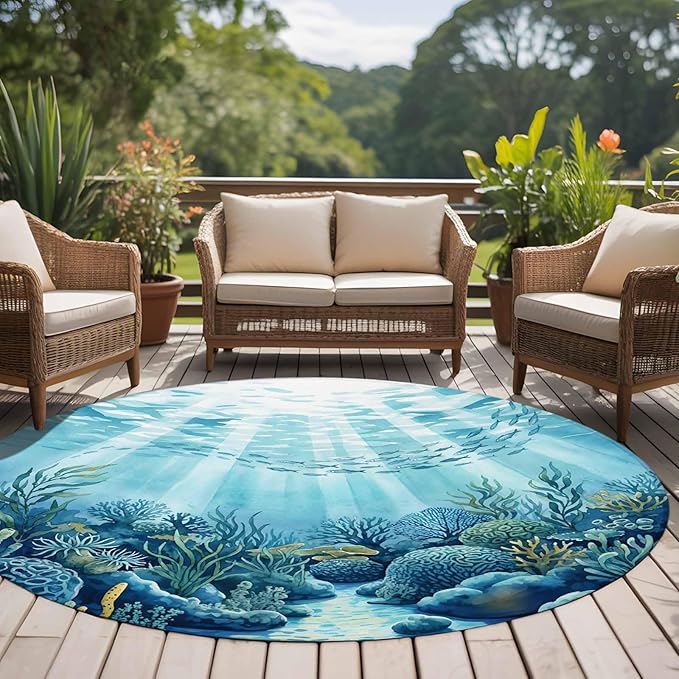 Washable Round Area Rug Underwater World Coral Seaweed Circle Rugs Floor Carpet for Living Room Bedroom, Seafloor Ocean Life Fish Soft Non Slip Round Rug 5ft