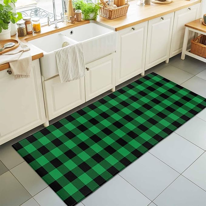 Runner Rug for Bedroom Hallway, St. Patrick's Day Lucky Green Black Plaid Kitchen Runner Rugs Area Rug 2x6ft, Buffalo Lattice Washable Soft Floor Carpet for Entryway Stair
