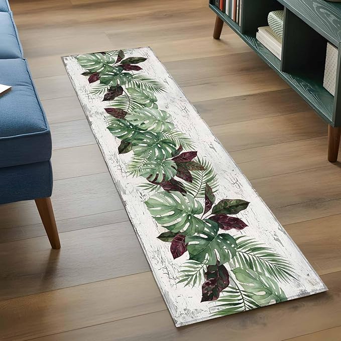 Runner Rug for Bedroom Hallway, Summer Green Monstera Palm Leaves Kitchen Runner Rugs Area Rug 2x6ft, Vintage Botantical Washable Soft Floor Carpet for Entryway Stair
