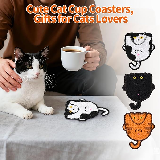 Drink Coaster, 3 PCS Cute Cat Coasters with Woven Knitted Crochet, Gifts for Cat Lovers, Coffee Tea Cup Home Decor Tabletop Protection Suitable for Cups, Black, White and Orange