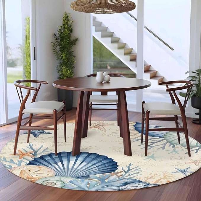 Washable Round Area Rug Summer Blue Shells Starfish Circle Rugs Floor Carpet for Living Room Bedroom, Vintage Coral Shells Fish Soft Non Slip Round Rug 5ft