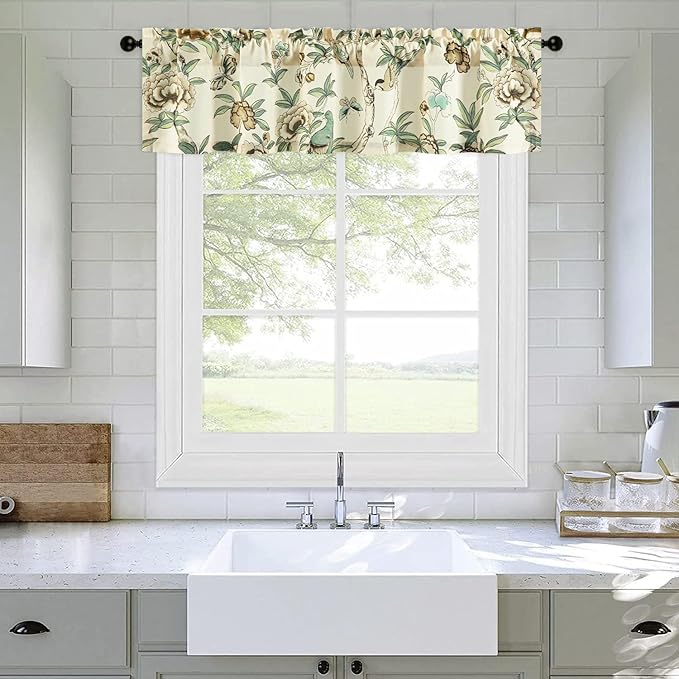Leeva Short Floral Valance for Windows - Linen Textured Light Filtering Curtain with Rod Pocket, Farmhouse Dining Room & Bedroom Decor, 52x12 Inches, 1 Pack