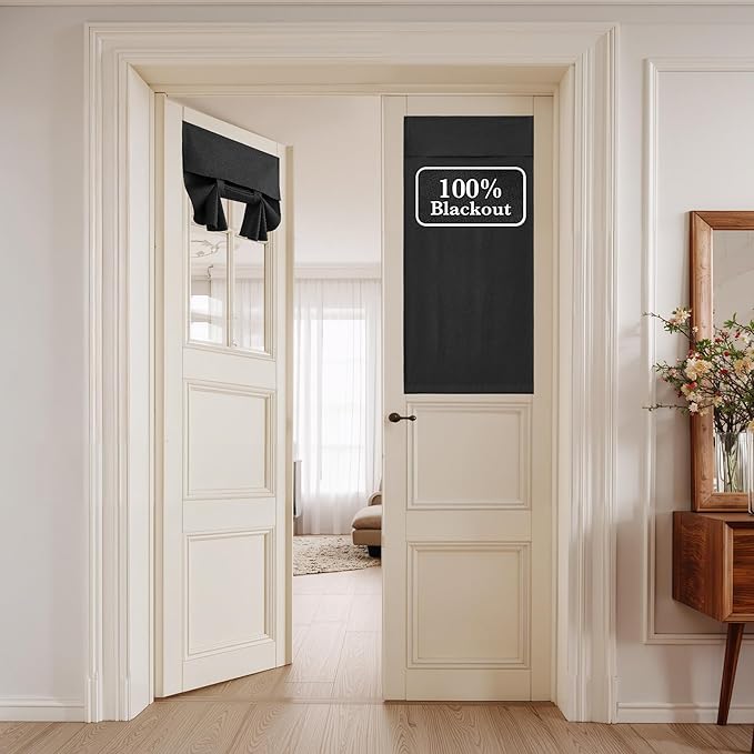 NICETOWN 100% Blackout Linen Black Door Curtains for Small Window, Privacy French Door Curtain 40 Inches Long for Kitchen Living Room, Room Darkening Tie Up Shade, 1 Panel, 26W x 40" L