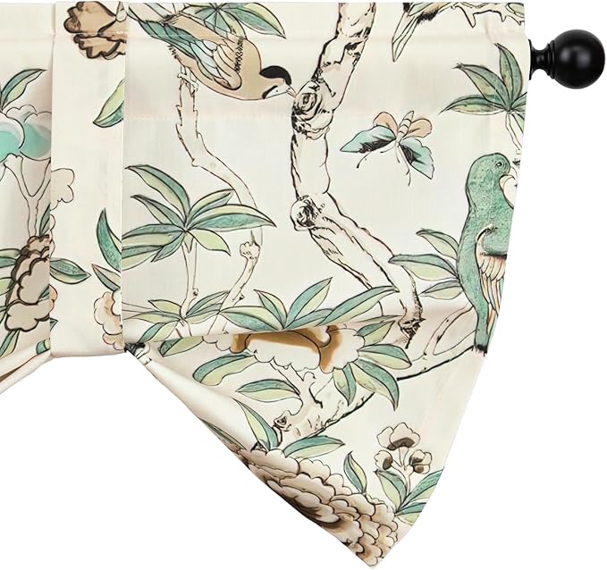Leeva Tie-up Window Valance Curtain for Study Room, Linen Energy Saving Bird Printed Foral Pattern Rod Pocket Small Curtains for Bedroom Dining Room, 52 x 18 Inches, Beige, One Panel