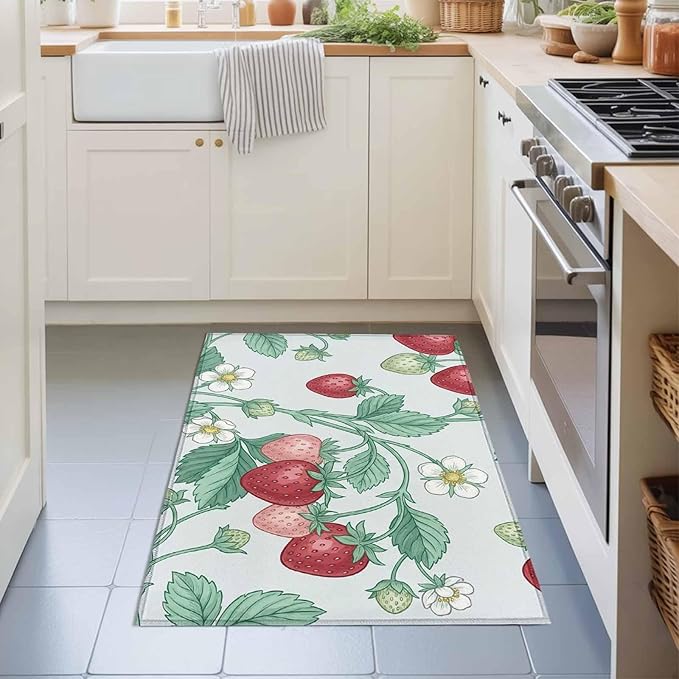 Area Rug 2x3ft, Strawberries White Flowers Washable Rugs for Living Room Bedroom, Rustic Garden Botanical Soft Non-Slip Area Rugs Rectangle Floor Carpet for Dining Room