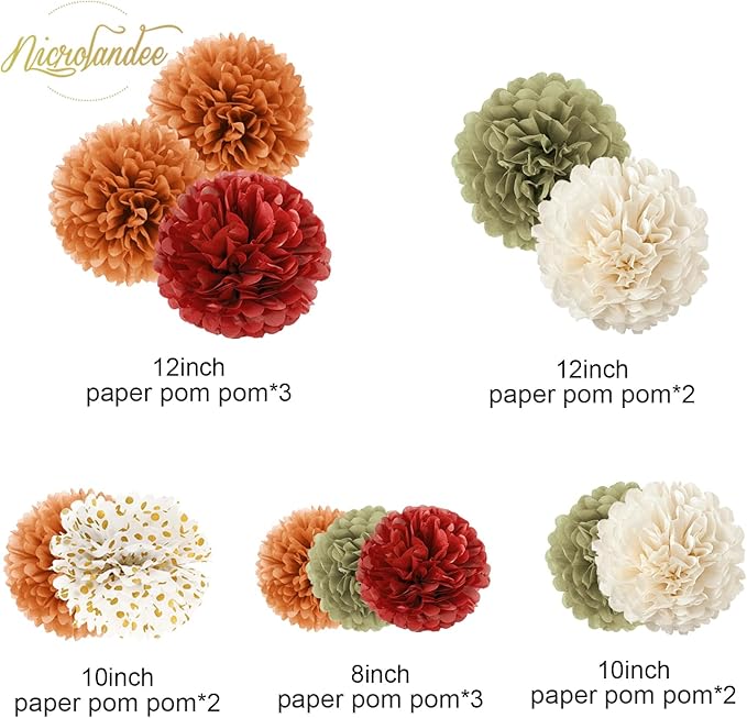 NICROLANDEE Fall Party Decorations, 12 PCS Pumpkin Orange Burgundy Sage Green Ivory Tissue Pom Poms Thanksgiving Decor for Home, Wedding, Birthday, Autumn Harvest Party Supplies