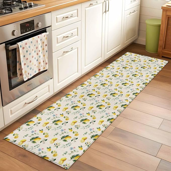 Runner Rug for Bedroom Hallway, Country Lemon Flower Leaf Kitchen Runner Rugs Area Rug 2x6ft, Pastoral Fruit Plant Vintage Linen Washable Soft Floor Carpet for Entryway Stair