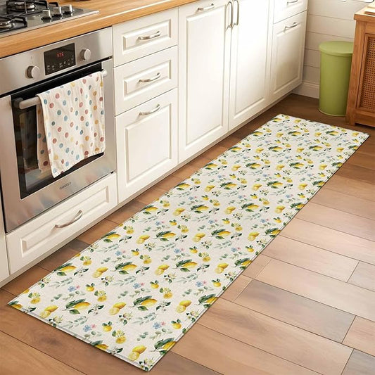 Runner Rug for Bedroom Hallway, Country Lemon Flower Leaf Kitchen Runner Rugs Area Rug 2x6ft, Pastoral Fruit Plant Vintage Linen Washable Soft Floor Carpet for Entryway Stair