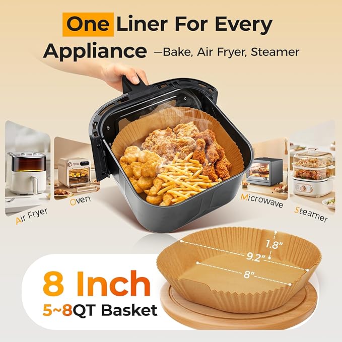 Vailnd Air Fryer Liners Disposable, 150 Pcs 8" Unbleached Parchment Paper Sheets Square, Heavy-duty Baking Paper Liner for Air Fryers Cooking Oven Steamer, Non-Stick, Grease-Resistant