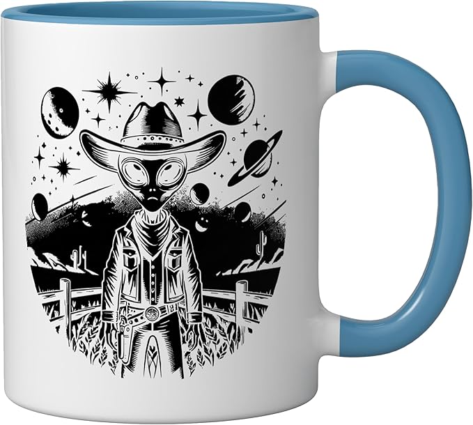 Alien Lover Flying Saucer UFO Extraterrestrial Cowboy Ceramic Mug, Blue/White