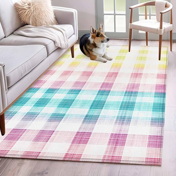 Area Rug 4x6ft, Easter Red Yellow Blue Stripes Washable Rugs for Living Room Bedroom, Abstract Buffalo Plaid Soft Non-Slip Area Rugs Rectangle Floor Carpet for Dining Room