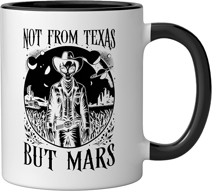 Alien Lover Flying Saucer UFO Extraterrestrial Cowboy Ceramic Mug, Black/White