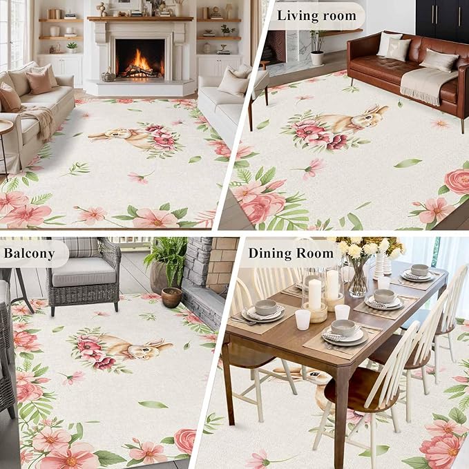 Area Rug 6x9ft, Retro Easter Rabbit on Linen Washable Rugs for Living Room Bedroom, Spring Pastoral Pink Flower Leaf Soft Non-Slip Area Rugs Rectangle Floor Carpet for Dining Room