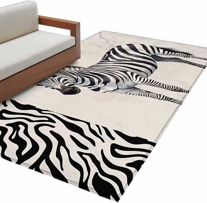 Area Rug 3x5ft, Zebra Black Stripe Animal Portrait Washable Rugs for Living Room Bedroom, Vintage Tree Branch Soft Non-Slip Area Rugs Rectangle Floor Carpet for Dining Room