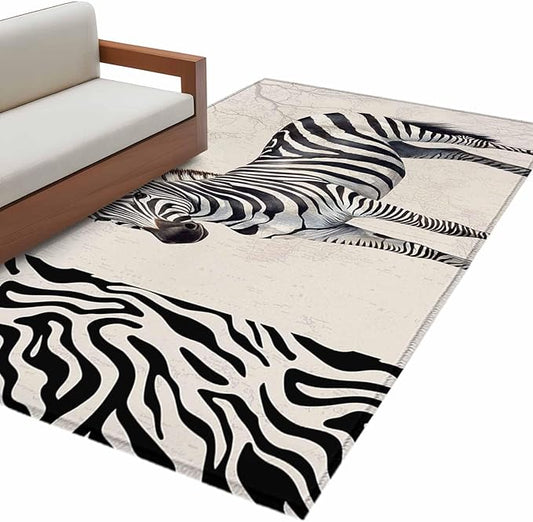 Area Rug 3x5ft, Zebra Black Stripe Animal Portrait Washable Rugs for Living Room Bedroom, Vintage Tree Branch Soft Non-Slip Area Rugs Rectangle Floor Carpet for Dining Room