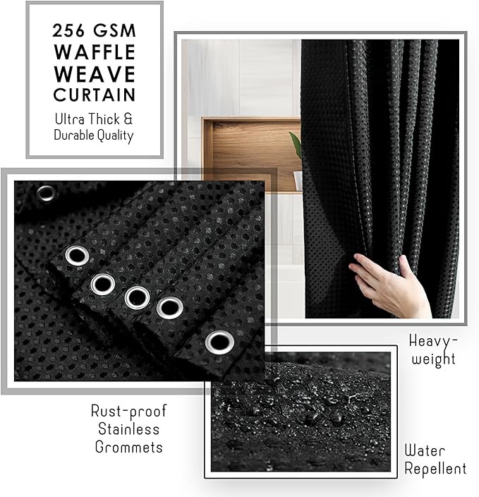 Clara Clark Black Shower Curtain Set with Rugs - Bathroom Sets with Shower Curtain and Rugs, Fabric Shower Curtains and 2 Bath Mats, Modern Bathroom Shower and Curtain Sets for Tub Or Stall