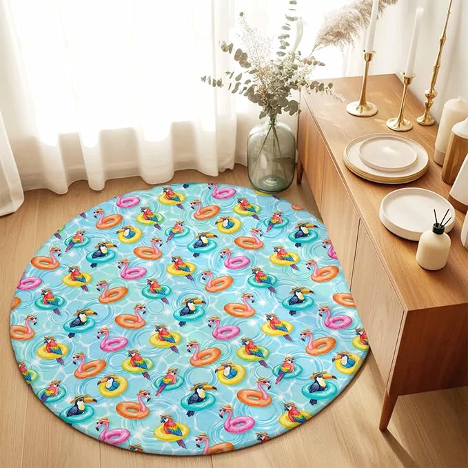 Washable Round Area Rug Summer Pool Float Swim Rings Circle Rugs Floor Carpet for Living Room Bedroom, Tropical Flamingo Birds Soft Non Slip Round Rug 5ft