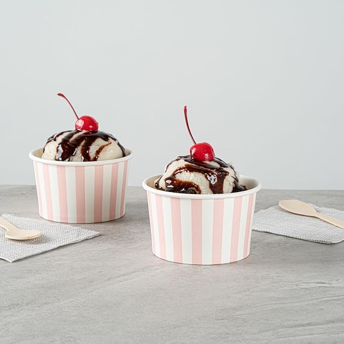 Coppetta 5-Ounce Dessert Cups, 50 Disposable Ice Cream Cups - Lids Sold Separately, Striped, Pink And White Paper FroYo Bowls, For Hot And Cold Foods, Perfect For Gelato Or Mousse - Restaurantware