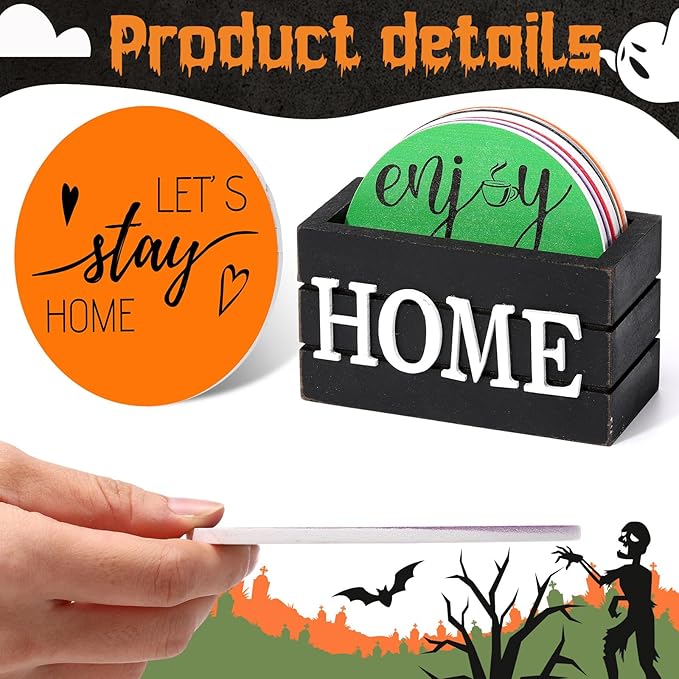 Queekay Coasters Set of 6 House Warming Gifts New Home Wooden Farmhouse Drink Coasters with Holder 4'' Funny Decoration for Kitchen Family Coffee Bar Tabletop Protection(Bright Color)