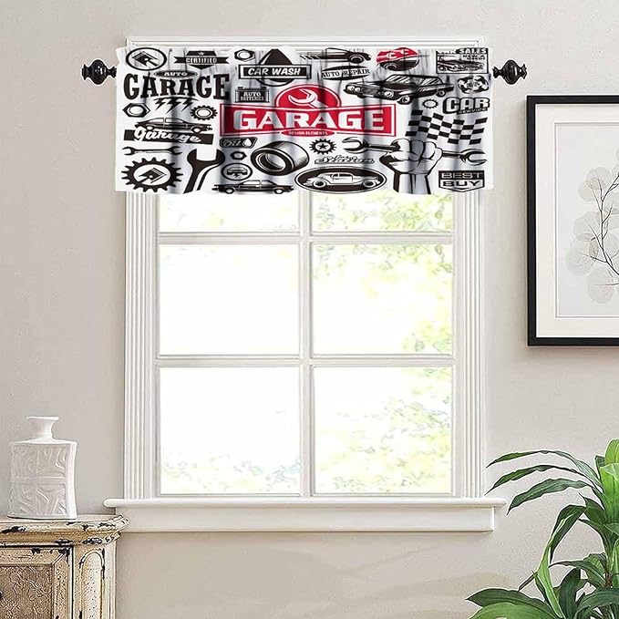 Car Service Garage Symbol Valances Curtains, Transportation Vehicle Icon Set, Design Elements of Logo Windows Short Curtain Valance for Kitchen Bedroom With Rod Pocket, 1 Panel 54X18 Inches