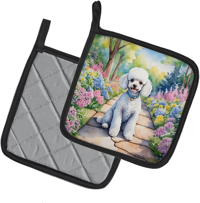 Caroline's Treasures White Poodle Spring Path Pair of Pot Holders Kitchen Heat Resistant Pot Holders Sets Oven Hot Pads for Cooking Baking BBQ, 7 1/2 x 7 1/2