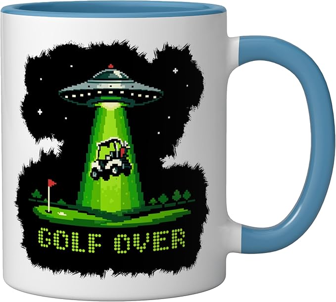 GOLF OVER Retro Funny Pixel Art UFO Abducting Golf-Cart Ceramic Mug, Blue/White