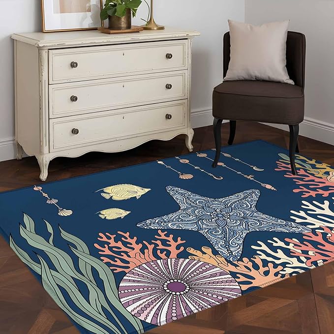 Area Rug 4x6ft, Ocean Starfish Coral Fish Washable Rugs for Living Room Bedroom, Underwater Creature on Navy Blue Soft Non-Slip Area Rugs Rectangle Floor Carpet for Dining Room