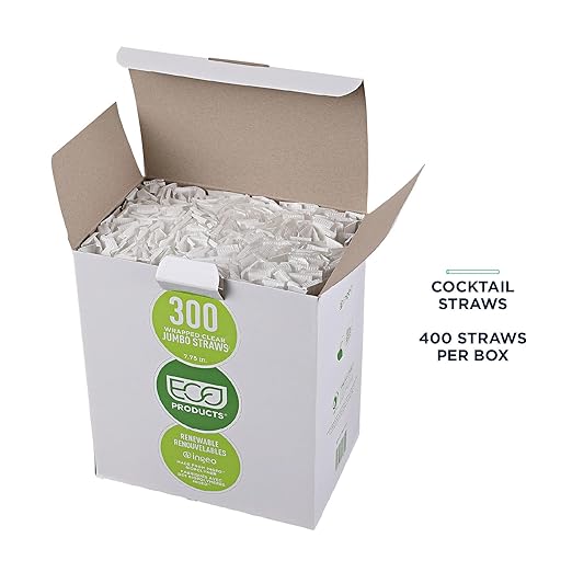 Eco-Products Compostable Paper Wrapped Plastic Straws, 7.75" Long, 8mm Diameter, Box of 300, Clear Disposable Plant Based PLA Plastic, Standard Sized Drinking Straws, ASTM Compliant, BPI-Certified