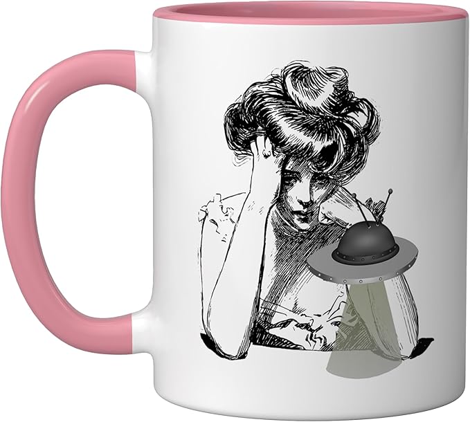 Girl with Alien Flying Saucer UFO Ceramic Mug, Pink/White
