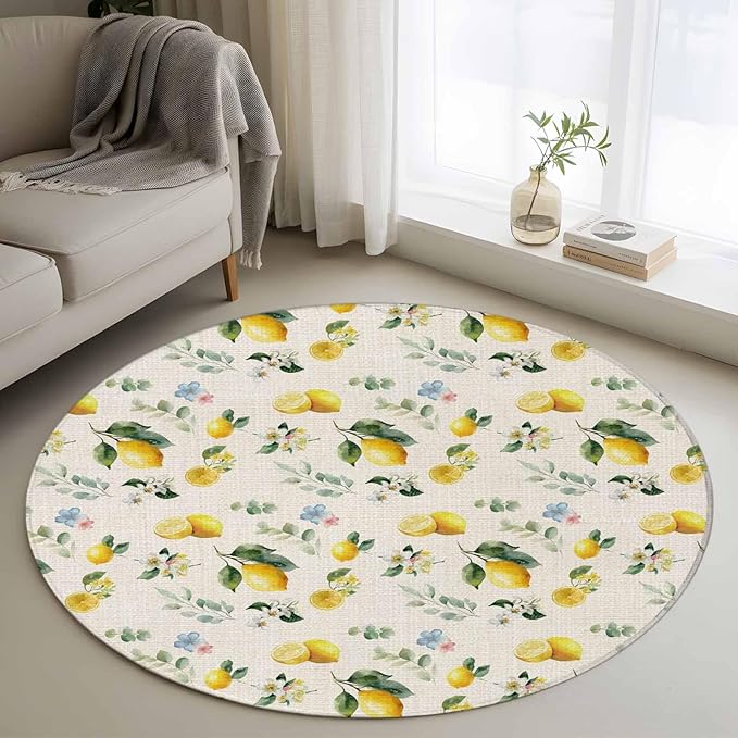 Washable Round Area Rug Country Lemon Flower Leaf Circle Rugs Floor Carpet for Living Room Bedroom, Pastoral Fruit Plant Vintage Linen Soft Non Slip Round Rug 3ft
