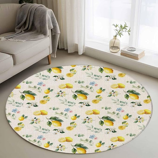 Washable Round Area Rug Country Lemon Flower Leaf Circle Rugs Floor Carpet for Living Room Bedroom, Pastoral Fruit Plant Vintage Linen Soft Non Slip Round Rug 3ft