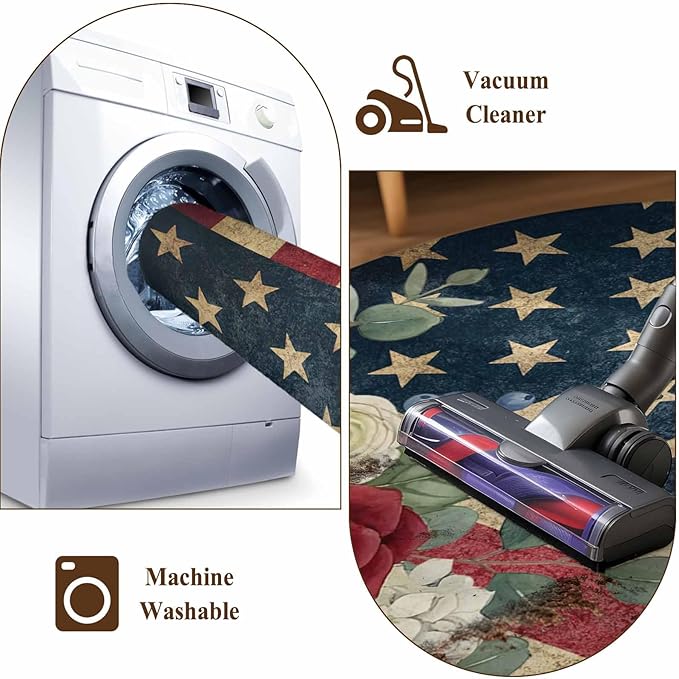 Area Rug 8x10ft, Independence Day 250th Anniversary Washable Rugs for Living Room Bedroom, Vintage USA Flag Floral Soft Non-Slip Area Rugs Rectangle Floor Carpet for Dining Room