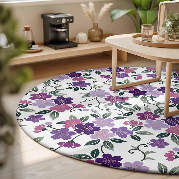 Washable Round Area Rug Country Purple Pink Flower Green Leaf Circle Rugs Floor Carpet for Living Room Bedroom, Pastoral Floral Plant Soft Non Slip Round Rug 3ft