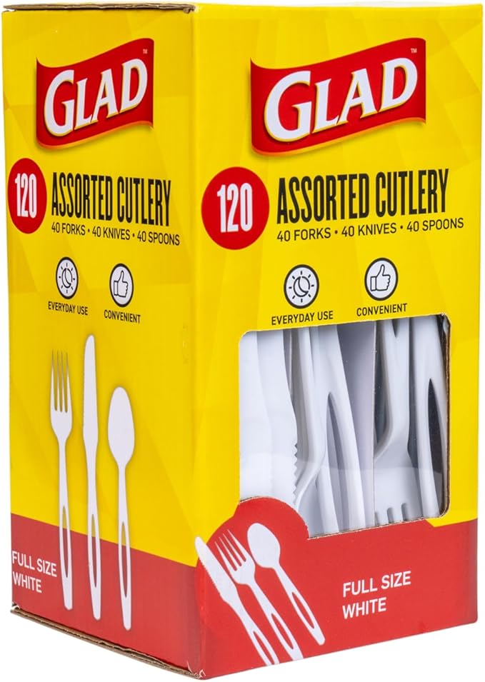 Glad White Disposable Cutlery Set with Heavy Duty Plastic Forks, Knives, and Spoons, Reusable Dishwasher Safe Plastic Utensils for Parties and Everyday Use, 120 Count