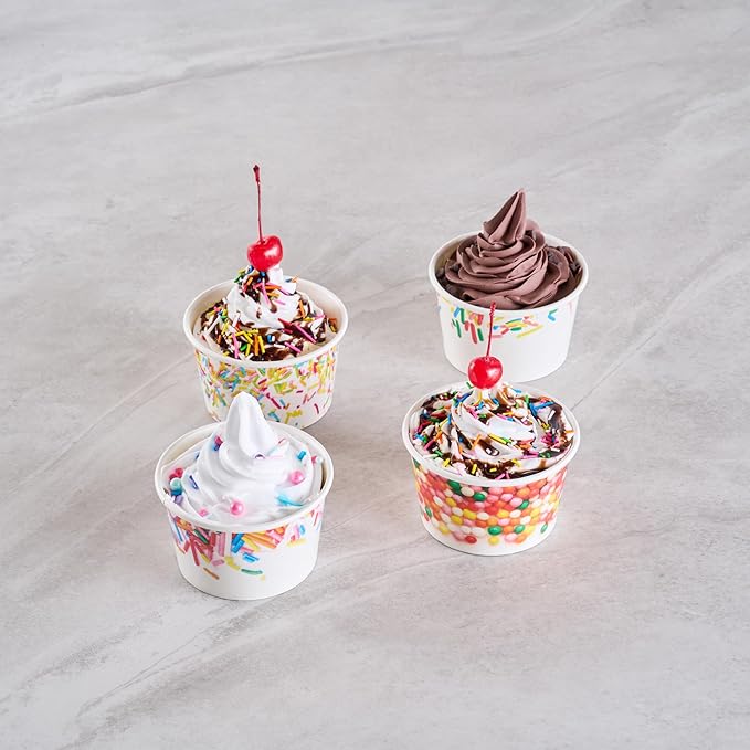 Restaurantware Paper Cups 200 Count 8 Ounce Square Disposable Ice Cream Containers, Leak-Resistant Paper Dessert To Go Cups, Hot And Cold Food, Durable Assorted Sprinkle Design
