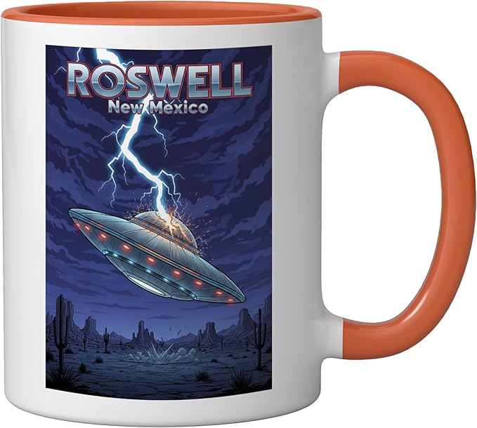 Roswell UFO Flying Saucer New Mexico Souvenir Lightning Ceramic Mug, Orange/White