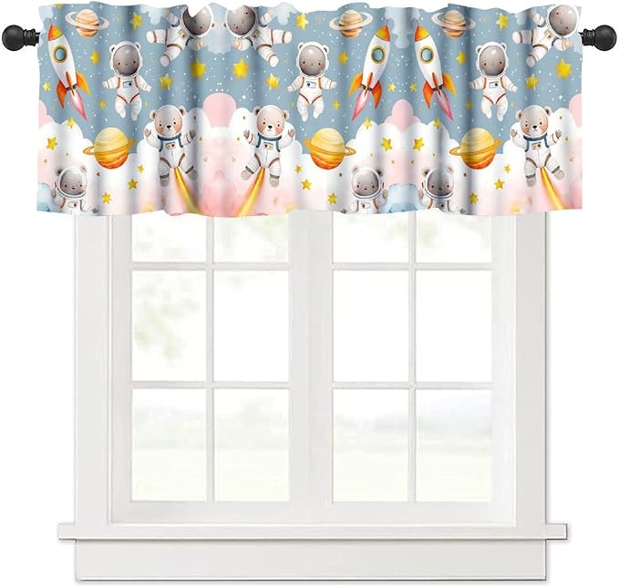 Cartoon Space Valance, Kids Cute Bear Astronaut Pink Clouds Rocket Short Window Treatment for Kitchen Dining Room Bedroom Nursery, 54x18Inch