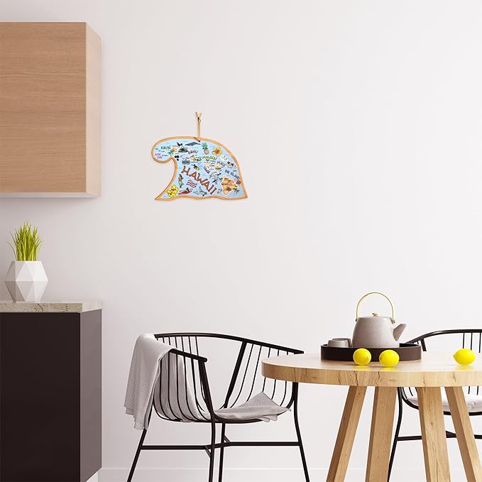 Totally Bamboo Hawaii State Shaped Cutting Board and Charcuterie Serving Platter with Artwork by Fish Kiss, Includes Hang Tie for Wall Display
