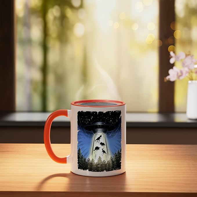 UFO Dinosaur Alien Abduction Flying Saucer Conspiracy Ceramic Mug, Orange/White