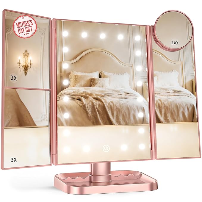 HUONUL Makeup Mirror, Vanity Mirror with Lights, 2X/3X/10X Magnification, Touch Control, Trifold, Dual Power Supply, Mothers Day for Mom Gifts, Gifts for Women, Wife, Mom, Girls,Dorm Room Essentials