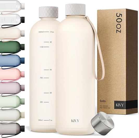 KIVY Large Water Bottle 50oz [Lightweight & Shatterproof] Fits Backpack & Cupholder for Travel, Sports, School - Cream white water bottle no straw - 50 ounces water bottles - Dishwasher Safe