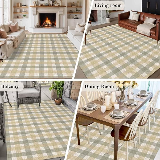 Area Rug 9x12ft, Farmhouse Vintage Beige Tan Buffalo Plaid Washable Rugs for Living Room Bedroom Rectangle Floor Carpet, Rustic Linen Soft Non-Slip Area Rugs for Dining Room