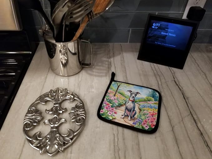 Caroline's Treasures Italian Greyhound Spring Path Pair of Pot Holders Kitchen Heat Resistant Pot Holders Sets Oven Hot Pads for Cooking Baking BBQ, 7 1/2 x 7 1/2