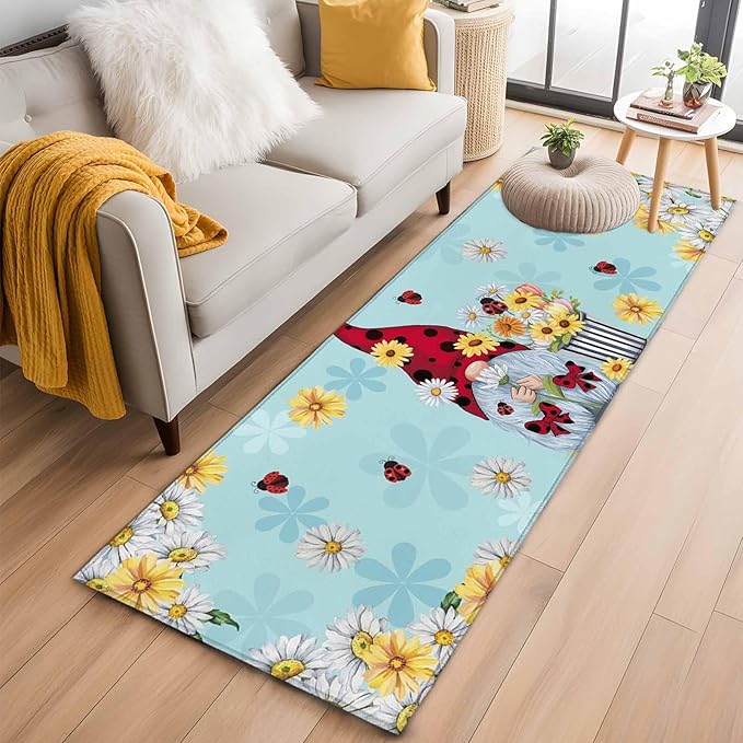 Runner Rug for Bedroom Hallway, Summer Ladybug Gnome Daisy Flower Kitchen Runner Rugs Area Rug 2x6ft, Watercolor Bloom Floral on Blue Washable Soft Floor Carpet for Entryway Stair